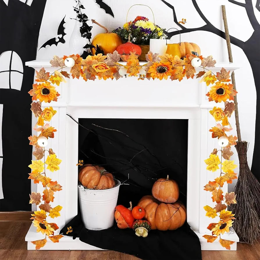 HASTHIP® Autumn Maples Leaf Pumpkin Garland with Berries, 2M/6.5FT Artificial Autumn Foliage Hanging Vine for Home, Thanksgiving, Halloween, Wedding, Fireplace, Party, Christmas Decor